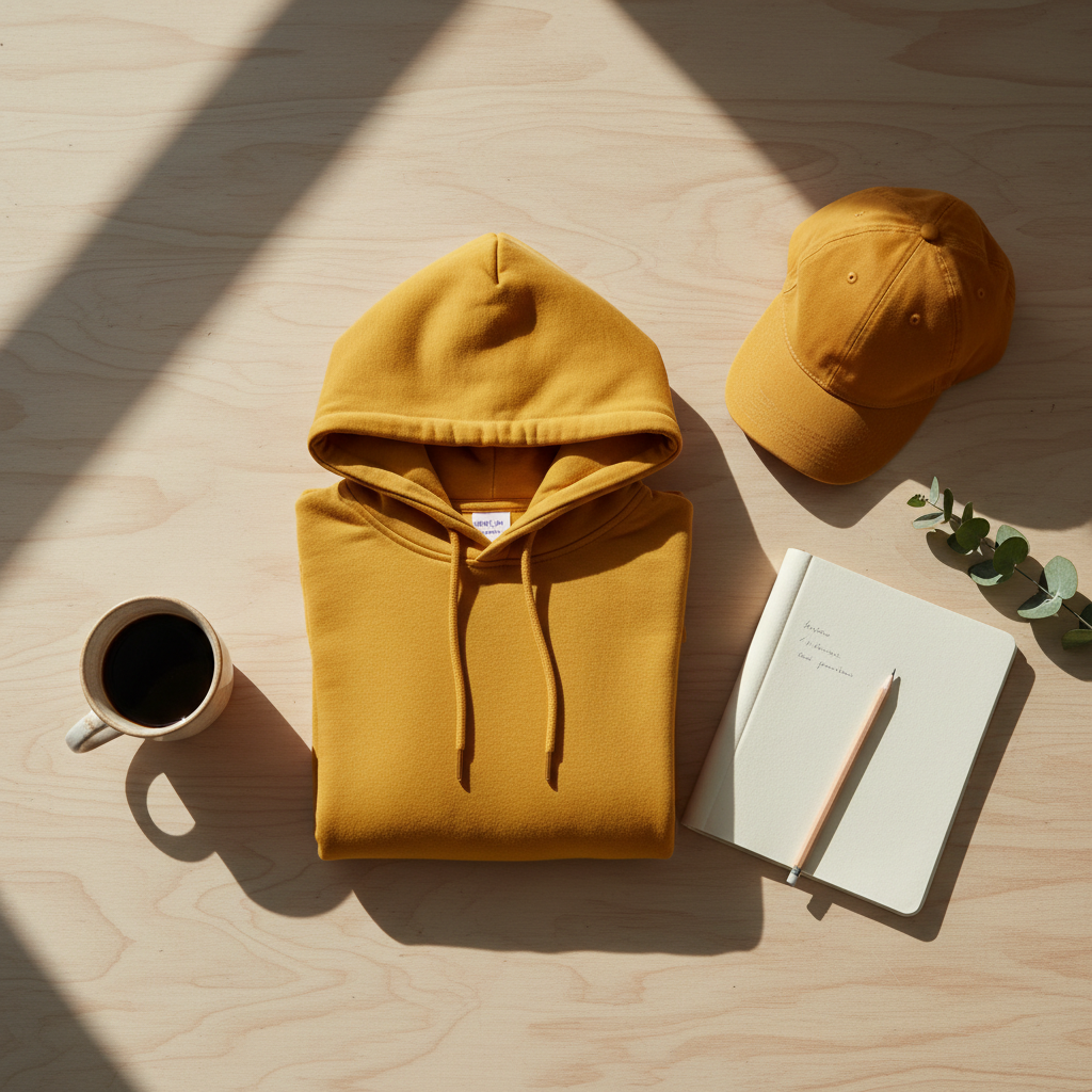 Apparel flat lay with coffee and notebook